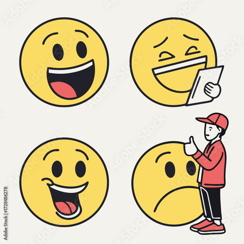 Diverse emoji faces with a person giving a thumbs up