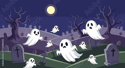 Cartoon ghosts float over a graveyard at night under a full moon, with tombstones and bare trees.