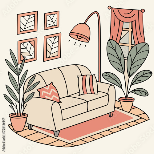 Cozy living room with a sofa, plants, lamp, and pictures