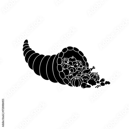 Simple Black and White Cornucopia Drawing of Abundance and Harvest Icon