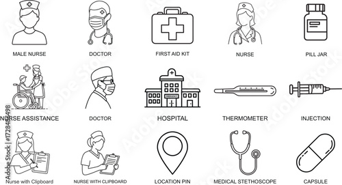 Medical Healthcare Icons Set Line Style Vector Illustration Including Male Nurse Doctor First Aid Kit Nurse Pill Jar Nurse Assistance Hospital Thermometer