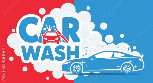 Car wash graphic with a red car being washed and a blue car on a split red and blue background.