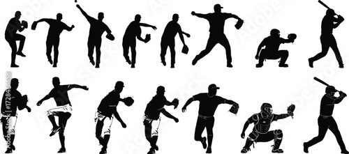 Dynamic baseball player silhouettes capturing pitching batting and fielding actions