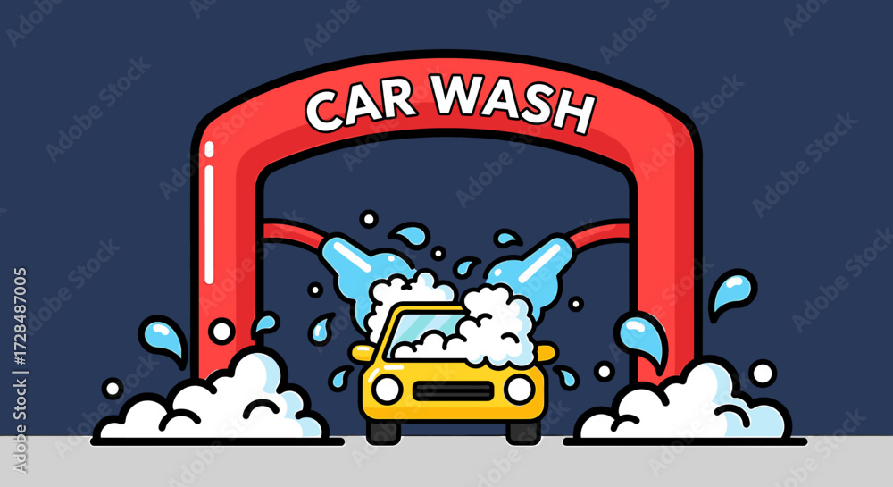 Fototapeta premium A cheerful cartoon illustration depicts a yellow car undergoing a car wash with bubbly foam.