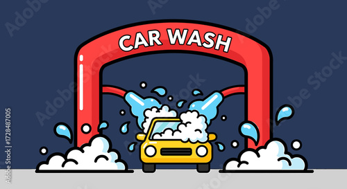 A cheerful cartoon illustration depicts a yellow car undergoing a car wash with bubbly foam.