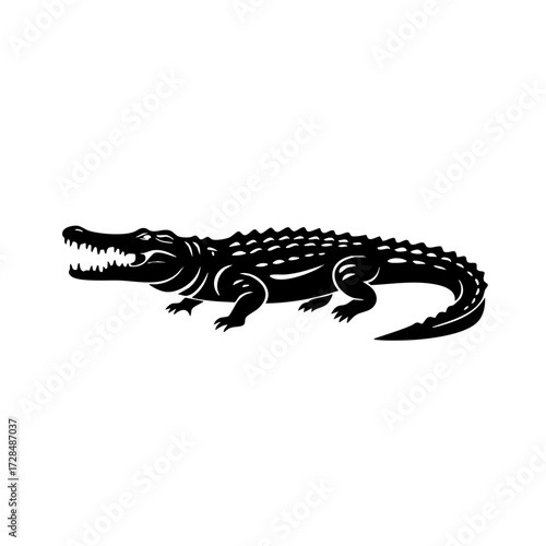 Silhouette Detailed Alligator Reptile Isolated Black and White Graphic Illustration