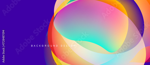 Abstract fluid shapes blend, creating vibrant colorful background. Gradient hues overlap, forming dynamic visual composition. Modern design element.