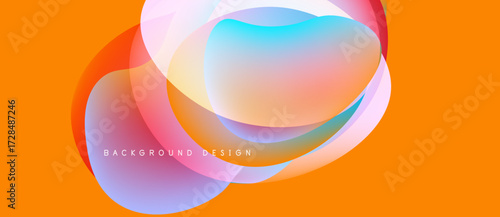 Abstract fluid shapes overlap, creating vibrant color gradients. Orange background complements soft pinks, blues, yellows. Modern design element.