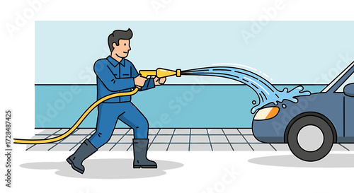 A man in blue overalls washes a blue car with a water hose, spraying the hood.