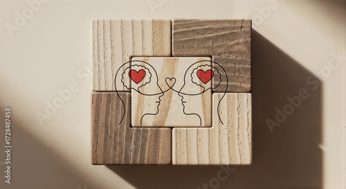 Wooden Block Puzzle with Human Heads and Hearts Symbolizing Empathy and Connection  
