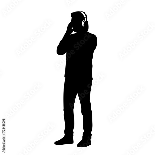 Silhouette Full Body Man Standing Listening Music with Headphones Illustration