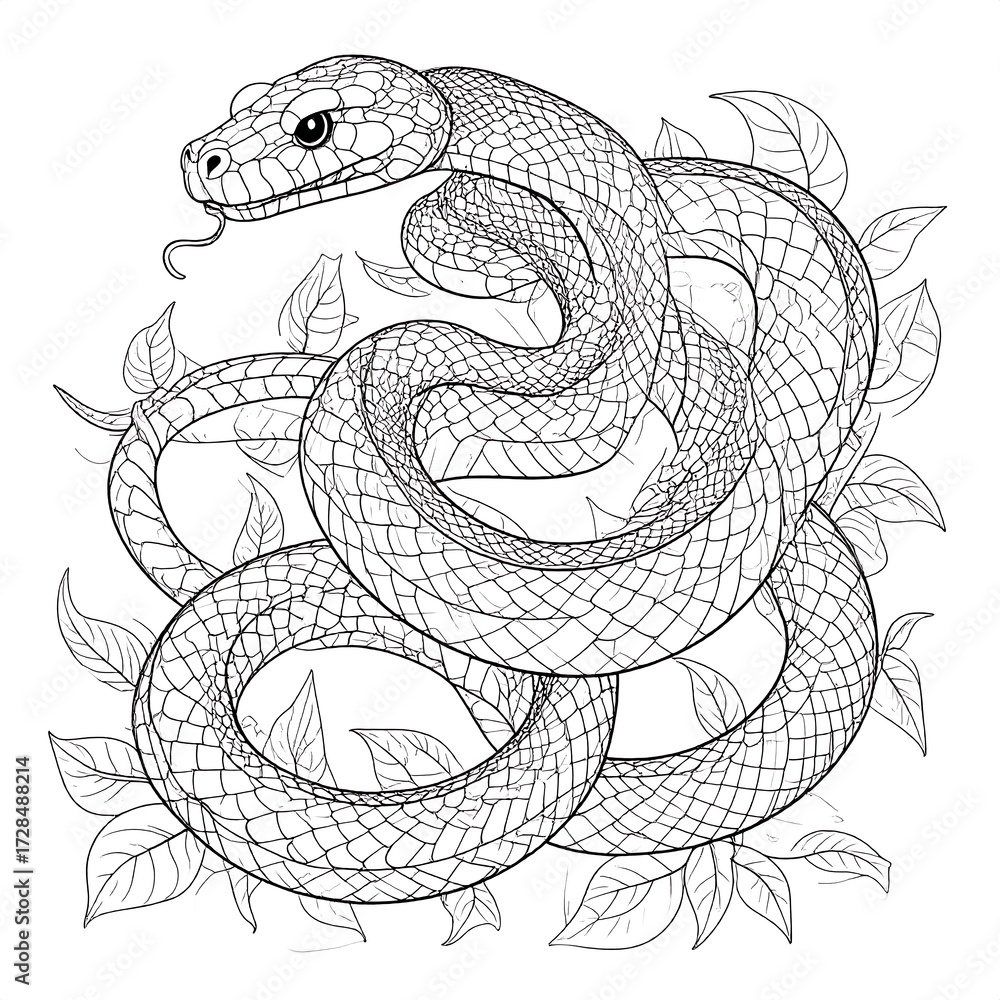 Obraz premium Detailed line drawing of a snake among leaves