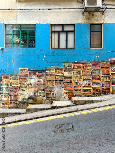 graham street kowloon walled city graffiti empty no people unbusy not crowded stairs hills at old central famous mural of tong lau tenement building Hollywood road china Hong kong