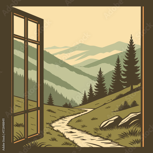 A scenic view of mountains and trees through an open window frame