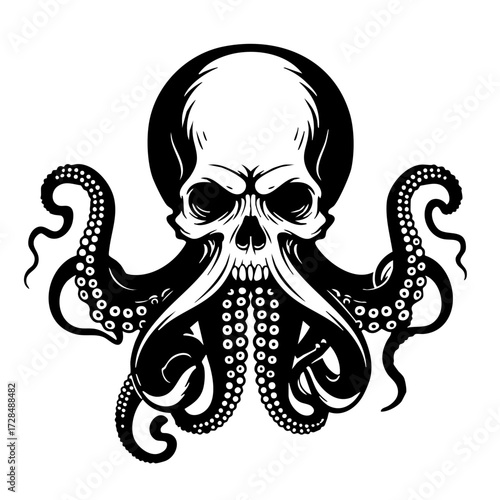 Detailed Line Art Octopus Skull Combination Tattoo Design Illustration