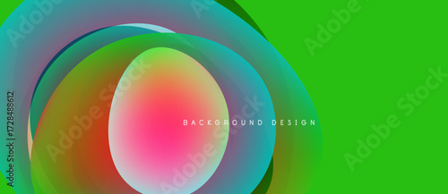 Abstract vibrant design features overlapping colorful circles. Bright green background complements flowing shapes, creating dynamic visual effect.