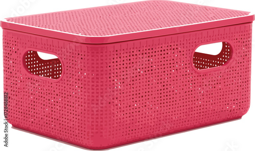 Pink woven plastic storage box with lid on a clean white background