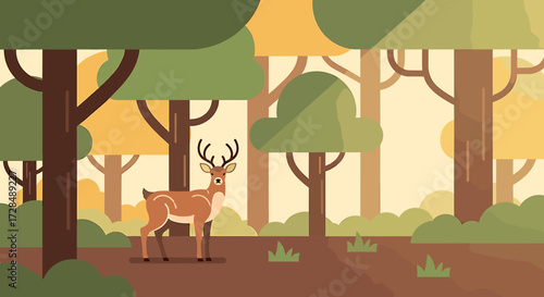 A stylized illustration of a deer standing in a vibrant, flat-design forest scene with trees.