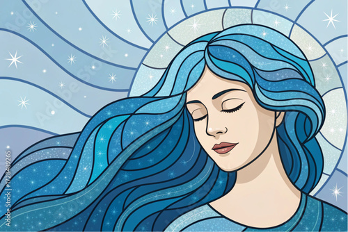 Modern Ethereal Profile Portrait of a Woman with Stained Glass Blue Hair Banner Background