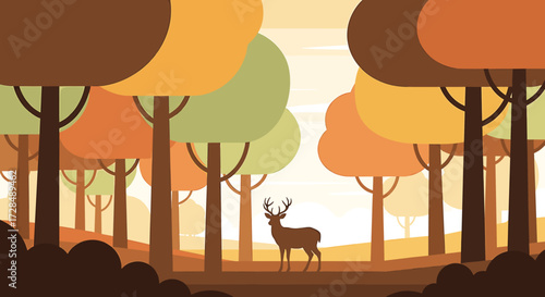A deer stands in a stylized autumn forest with trees in shades of brown, orange, and green.