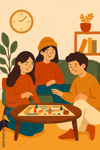 A flat vector illustration of a girl playing a board game with friends in a cozy room