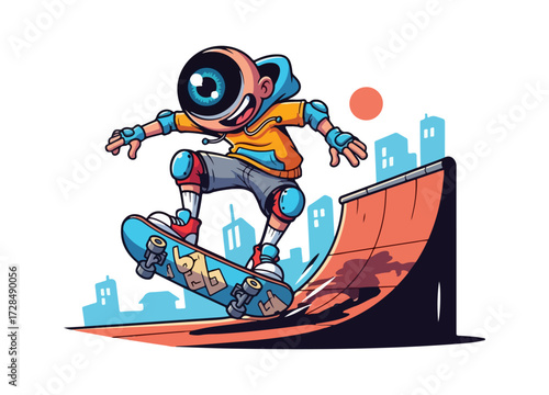 Cartoon character skateboarding on ramp