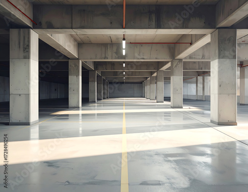 Empty Parking Garage: An expansive concrete parking garage, characterized by its structural pillars, overhead lights, and a striking yellow line that leads the eye into the depth of the space.