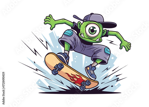 Cartoon monster skateboarding