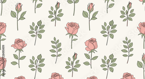 Floral pattern featuring delicate pink roses and green leaves arranged on a cream background.