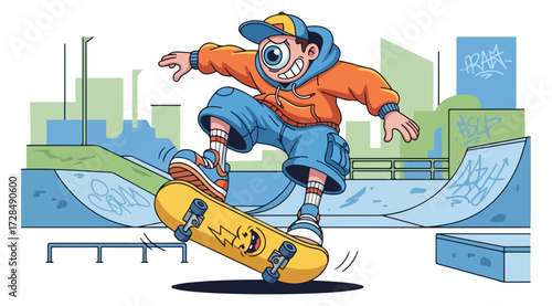 Cartoon skateboarder performing trick in skatepark