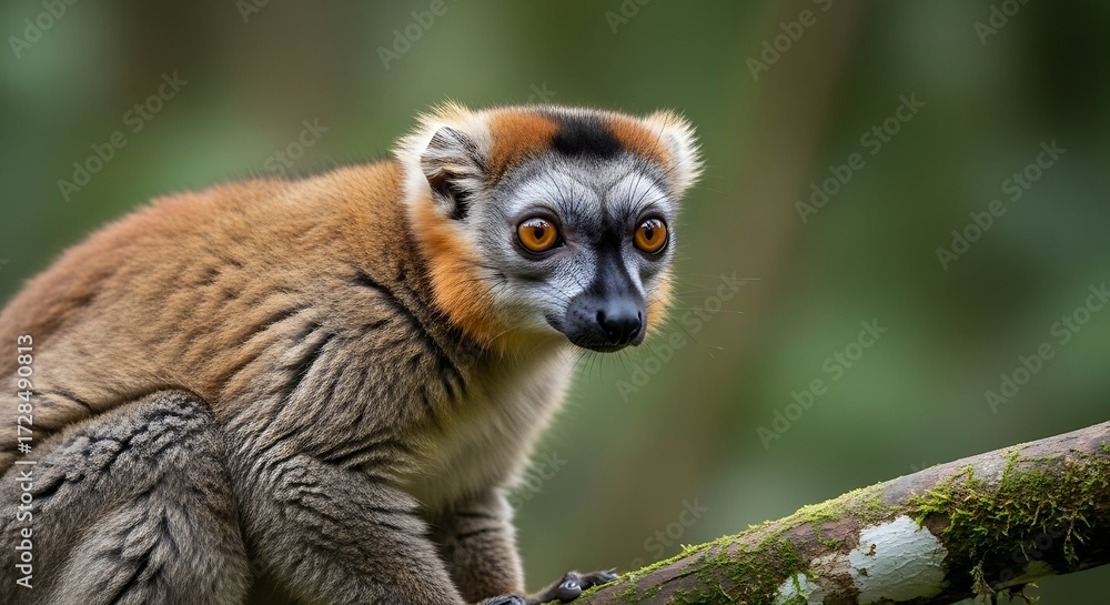 Fototapeta premium Focused Red Ruffed Lemur in Tree Branch.