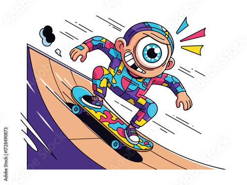 Colorful cartoon character skateboarding