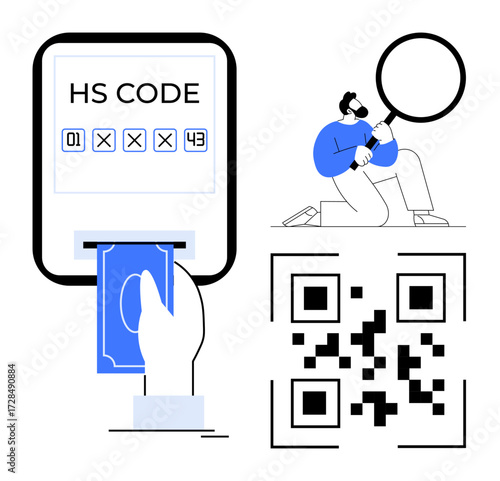 Man examines HS code and QR code with magnifying glass. Hand inserting cash into payment device. Ideal for trade compliance, customs, e-commerce, product identification, financial transactions