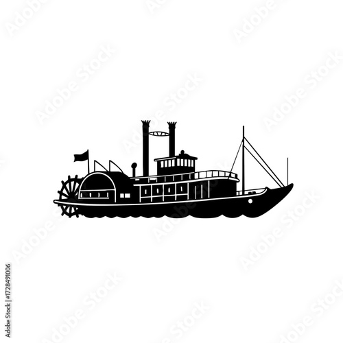 Silhouette Detailed Riverboat Steamboat Classic Illustration Isolated on White Background
