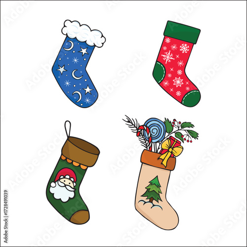 Christmas Stockings Filled with Gifts and Toys Hanging for Festive Holiday