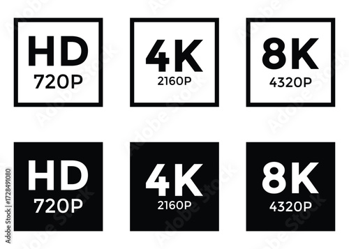 HD 4K 8K Video Format Icons Set – High Definition Display Symbols in Flat and Line Style Vector Illustration 