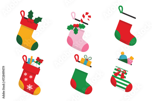 Red and Green Christmas Stockings Collection Hanging for Holiday Decoration