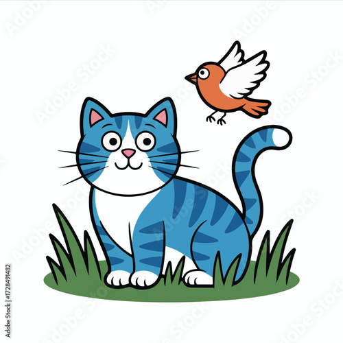 A cute cartoon vector illustration of a black kitten and a mouse character, domestic pet animals sitting with their tails drawn in a funny design