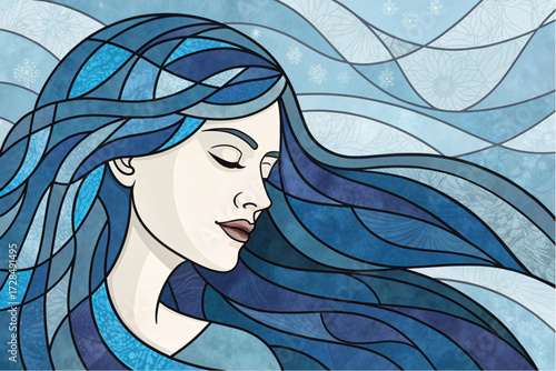 Modern Ethereal Profile Portrait of a Woman with Stained Glass Blue Hair Banner Background