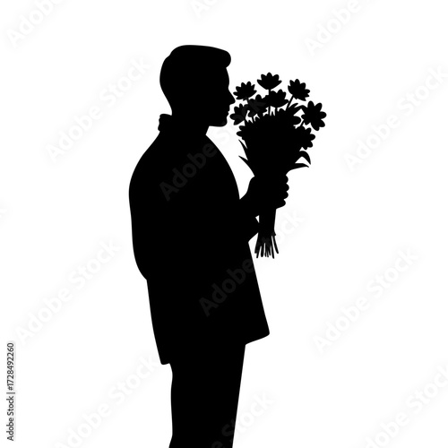 Minimalist Silhouette Man Smelling Flower Bouquet Romantic Gesture Celebration Art