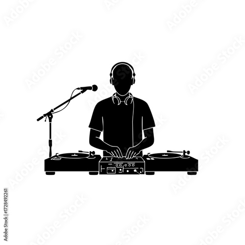 Silhouette Minimalist DJ Music Mixer Turntable with Microphone Illustration