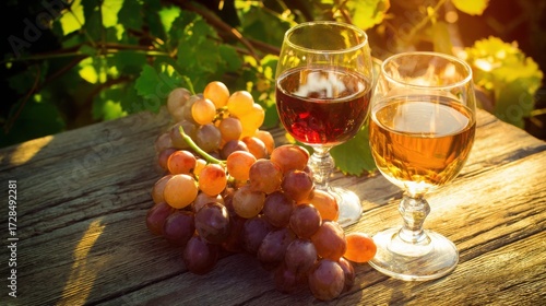 vineyard. Glasses of red and white wine with ripe grapes on a wooden table in a rustic vineyard setting. bar promotions, beverage menus, designed for food & beverage menus and cafe branding.