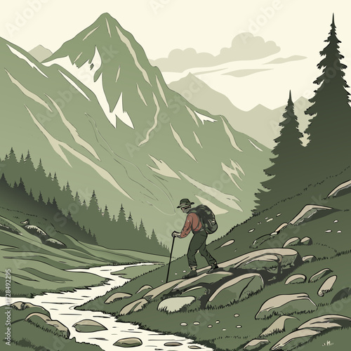 A hiker with a backpack and trekking pole walking through a mountain valley