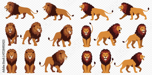 A comprehensive collection of cartoon male lions depicted in various poses, including walking, standing, sitting, and roaring, against a transparent background.