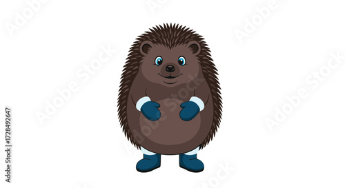 A cute cartoon hedgehog wearing winter mittens and boots standing on a white background.