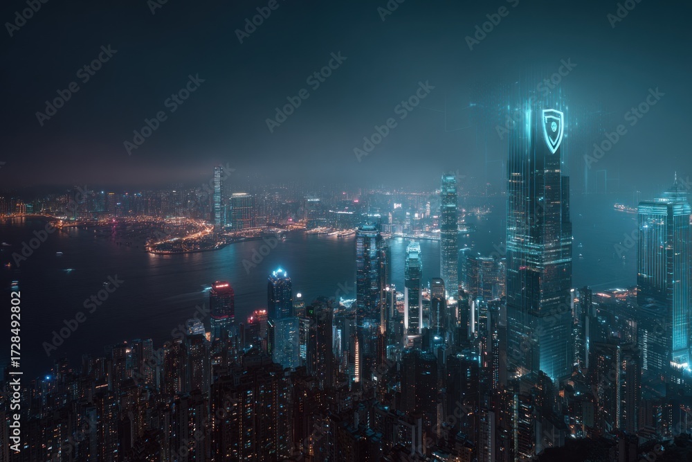 Fototapeta premium A nighttime cityscape panorama showcases a futuristic skyscraper with a glowing digital shield, highlighting the city's illuminated skyline.