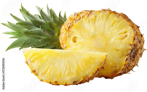 Fresh pineapple halves and slices