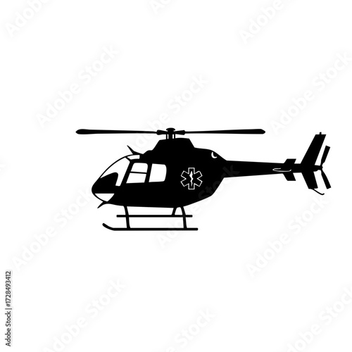 Minimalist Silhouette Medical Helicopter Rescue Icon, Emergency Evacuation Aircraft Illustration