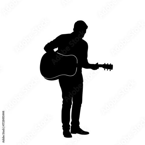Minimalist Silhouette Guitar Player Standing Illustration with Instrument in Black
