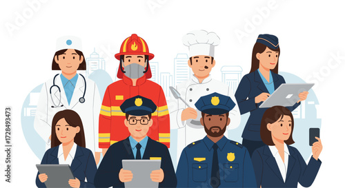 Diverse group of professionals representing various essential occupations.